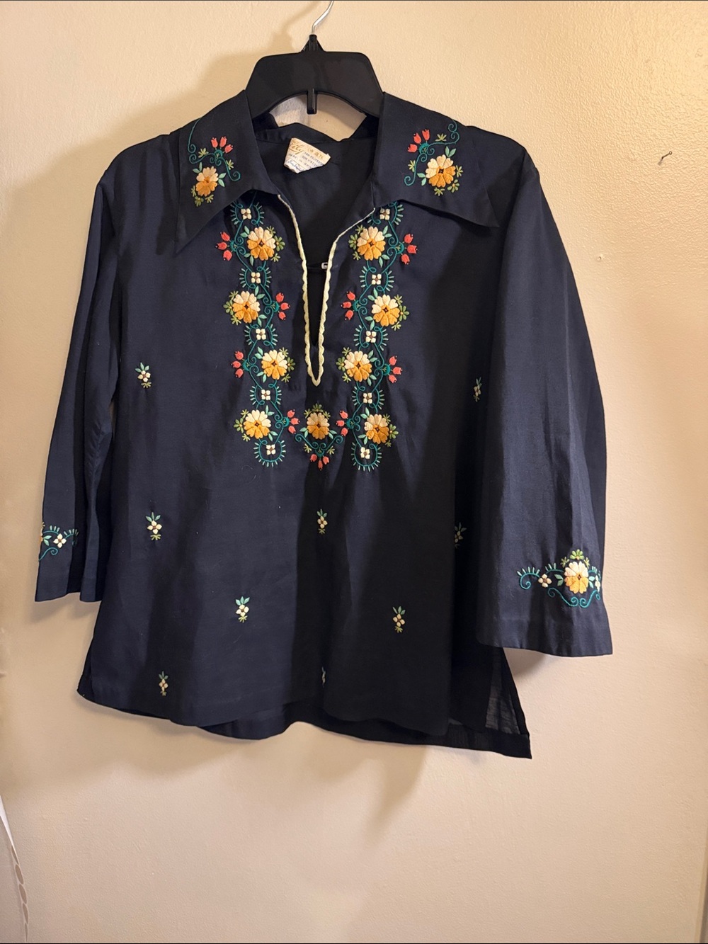 Vintage Hand-Embroidered Floral Tunic Style Blouse